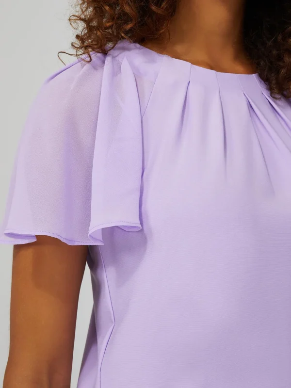 Pleated Crew Neck Top With Chiffon Flutter Sleeves - Image 6