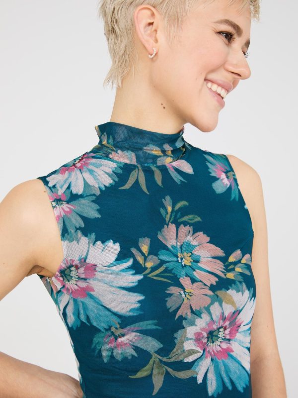 Floral Print Mock Neck Mesh Top - Image 2