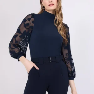 3/4 Jacquard Sleeve Mock Neck Top