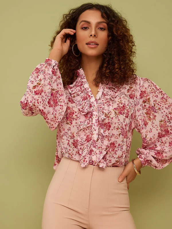 Printed Ruffled Long Sleeve Blouse