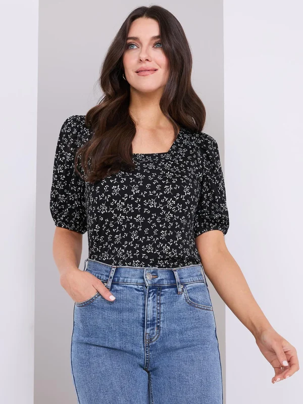 Floral Print Puff Sleeve Square Neck Top - Image 3