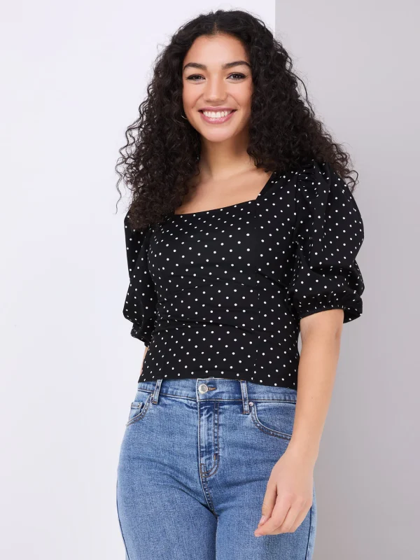 Dot Print Puff Sleeve Square Neck Top - Image 3