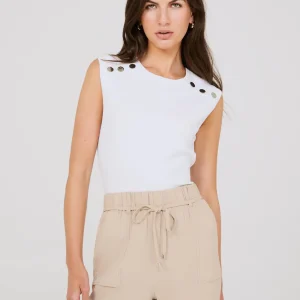 Sleeveless Jacquard Top With Button Shoulder Details