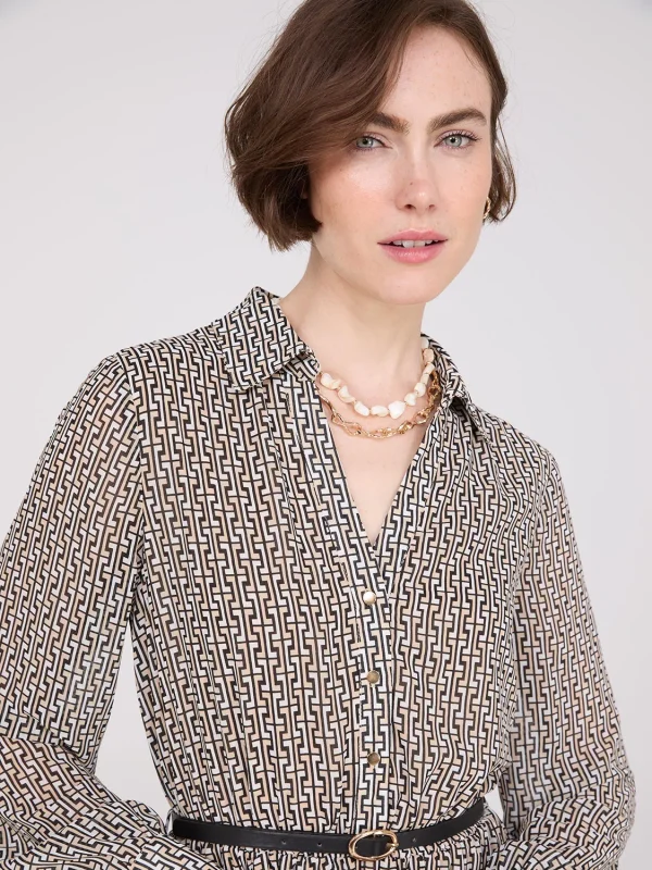 Geo Print Chiffon Dress With Belt - Image 2