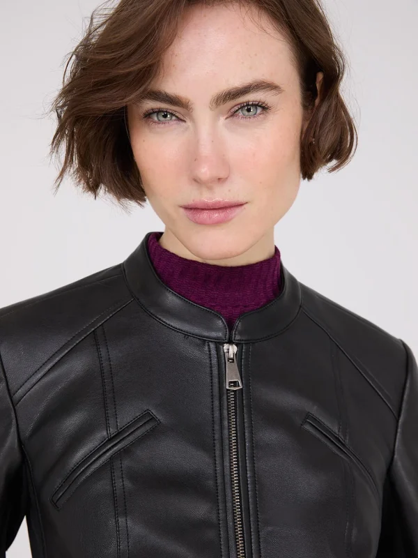Collarless Faux Leather Jacket - Image 4