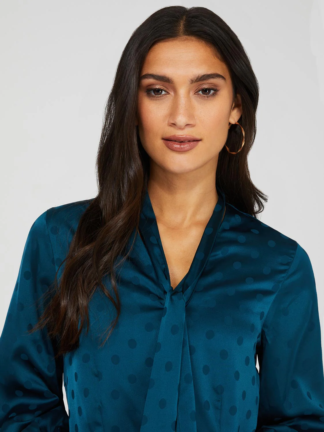 Polka Dot Jacquard Button-Front Bow Blouse - Image 2