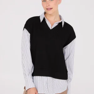 2-Fer Striped Blouse With Short Sleeve Top