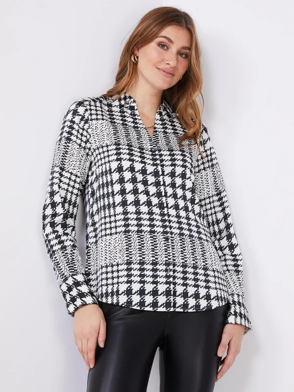 Houndstooth Satin Split Neck Button-Front Blouse - Image 2