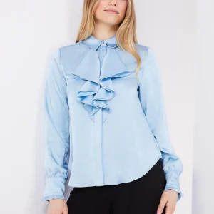 Button-Up Satin Blouse With Ruffle Front