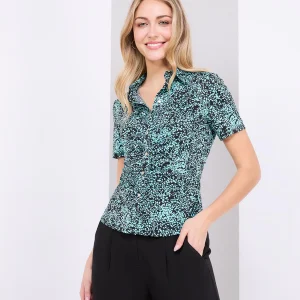 Leaf Print Button-Front Short Sleeve Blouse