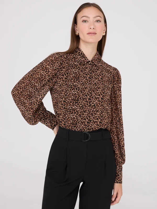 Animal Print Chiffon Volume Sleeve Blouse - Image 2