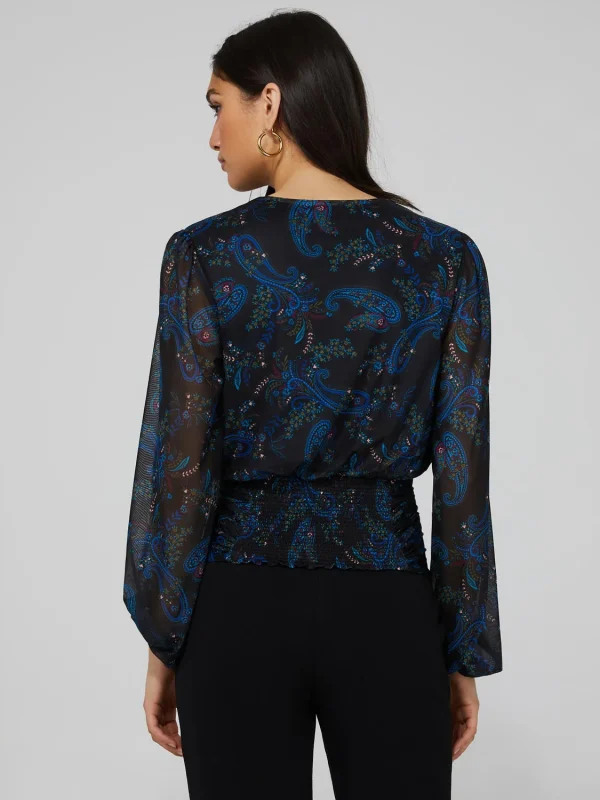 Paisley Print Mesh Top With Pleated Bottom Band - Image 4