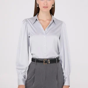 Satin Volume Sleeve Button-Front Blouse