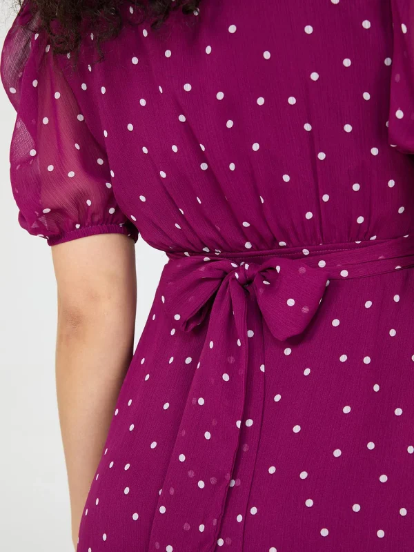 Dot Print Split Neck Dress With Balloon Sleeves - Image 3