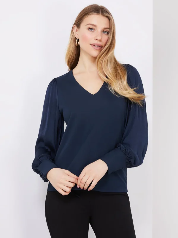 V-Neck Top With Chiffon Balloon Sleeves - Image 3