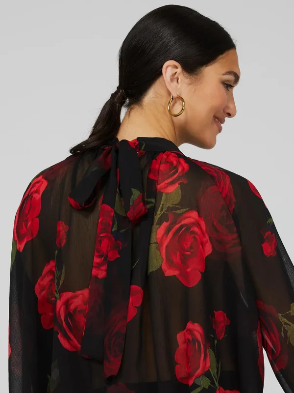 Floral Print Chiffon High Neck Blouse With Voluminous Sleeves - Image 3
