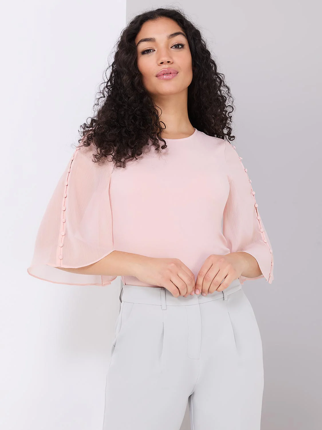 Chiffon Flutter Sleeve Top With Button Details - Image 3