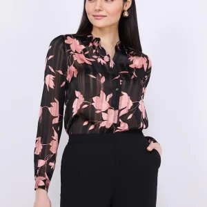 Floral Print Shadow Stripe Button-Front Blouse