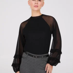 Mock Neck Mesh Top With Ruffle Details
