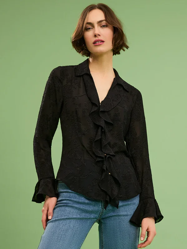 Textured Button-Front Blouse With Ruffle Details - Image 3