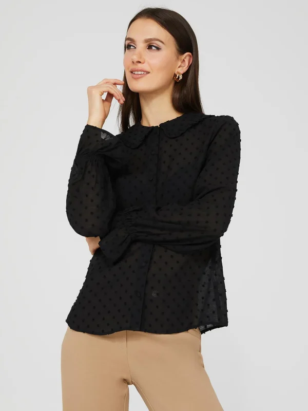 Textured Button-Front Ruffle Collar Blouse - Image 3