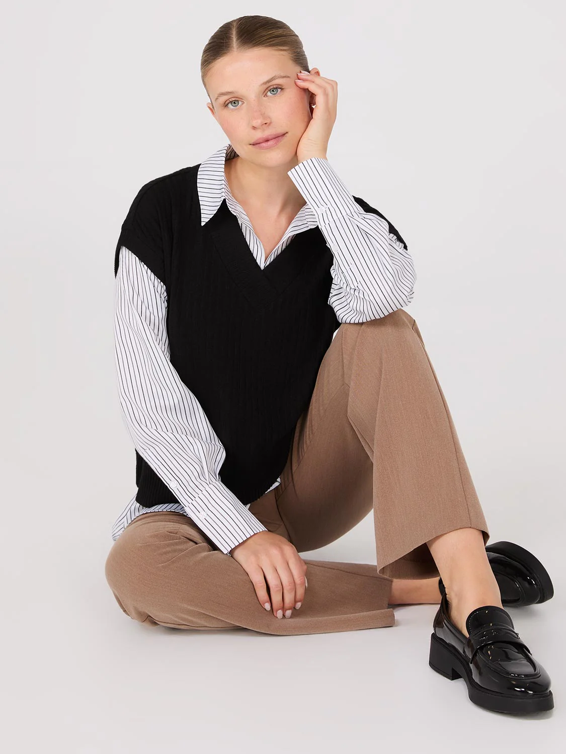 2-Fer Striped Blouse With Short Sleeve Top - Image 3