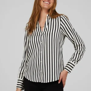 Striped Satin Split Neck Button-Front Blouse