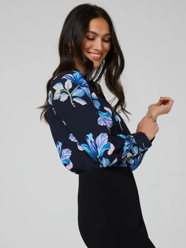 Floral Print Chiffon Split Neck Button-Front Blouse - Image 2