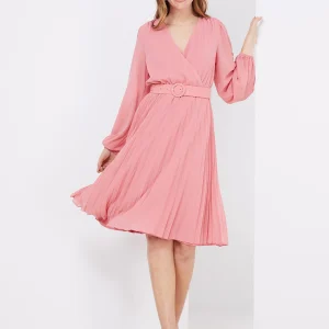 Crossover Belted Midi Dress With Pleated Skirt