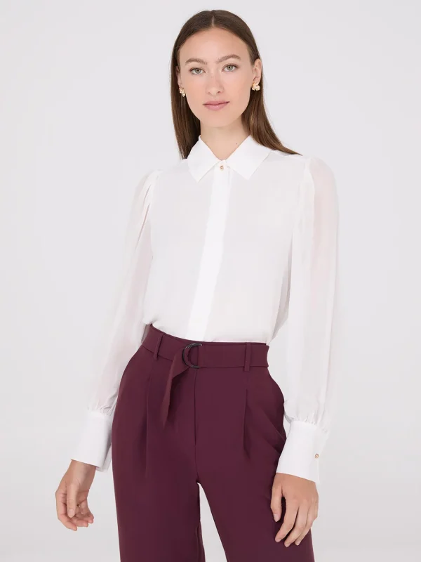 Chiffon Button-Front Volume Sleeve Blouse - Image 6