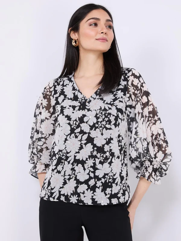 Floral Print Chiffon V-Neck Popover Blouse - Image 3