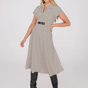 Geo Print Shawl Collar Belted Midi Dress