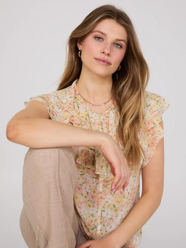 Floral Print Chiffon Ruffle Top - Image 3