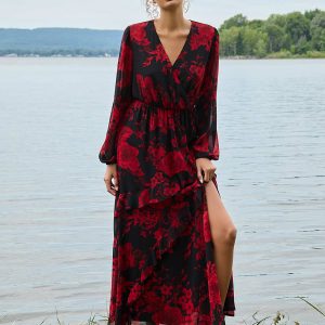 Chiffon Floral Print Ruffle Skirt Maxi Dress