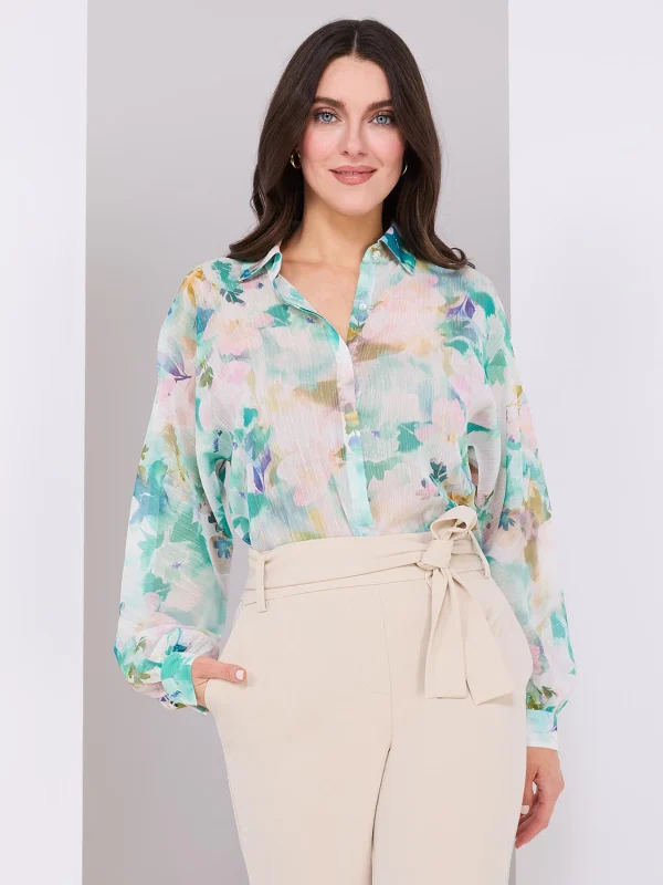 Floral Print Button-Front Chiffon Blouse - Image 3