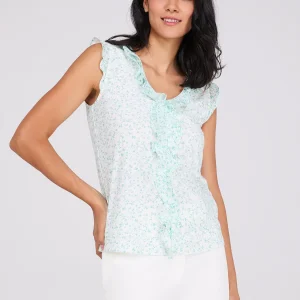 Sleeveless Floral Print V-Neck Top With Ruffle Details