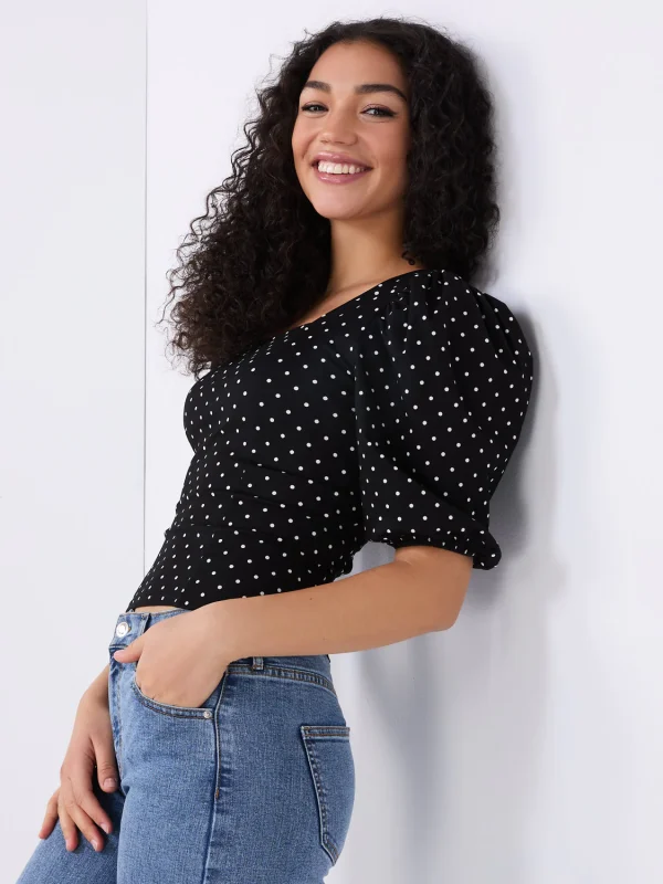 Dot Print Puff Sleeve Square Neck Top - Image 4