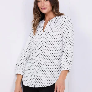 Dot Print Chiffon Split Neck Blouse