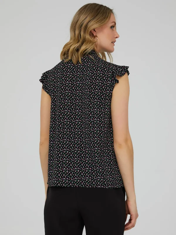 Printed Ruffle Cap Sleeve Mock Neck Top - Image 4