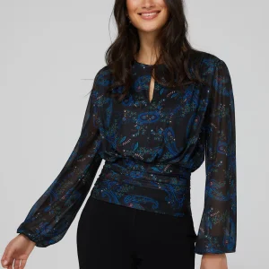 Paisley Print Mesh Top With Pleated Bottom Band