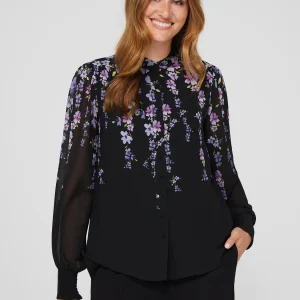 Floral Print Chiffon Button-Front Flowy Blouse
