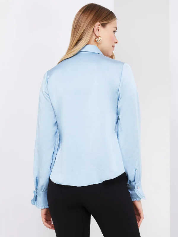 Button-Up Satin Blouse With Ruffle Front - Image 5