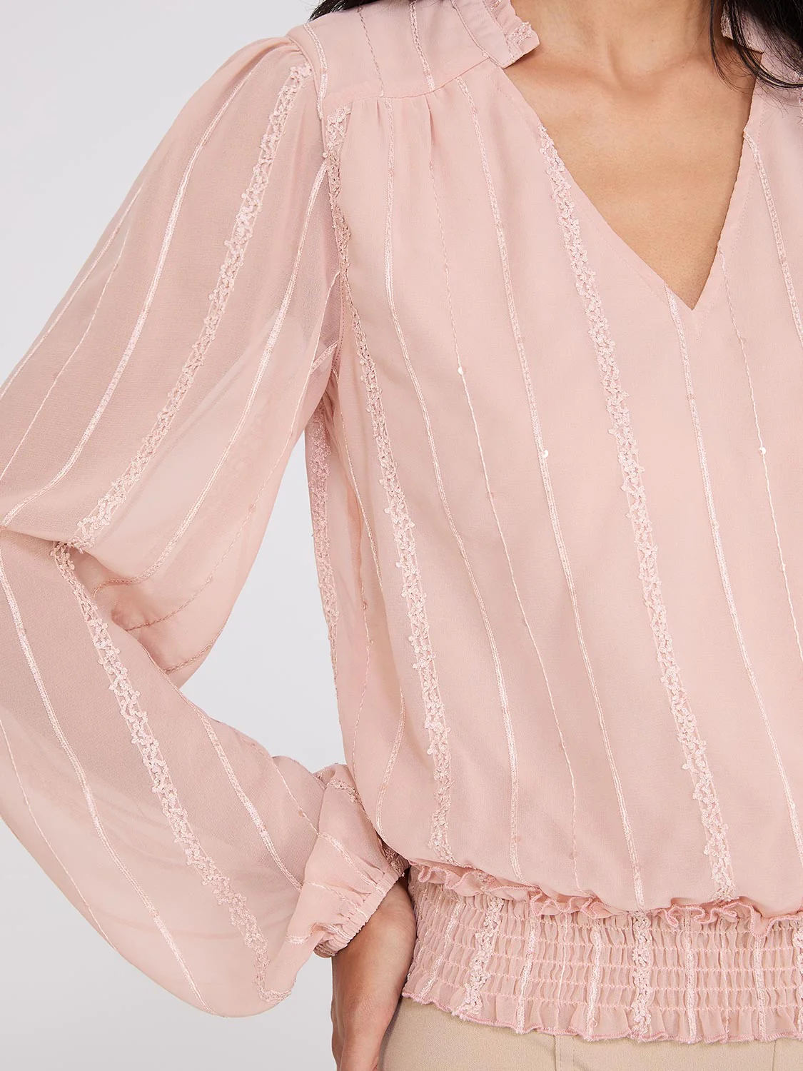 Embroidered Chiffon Top With Smocked Waistband - Image 3