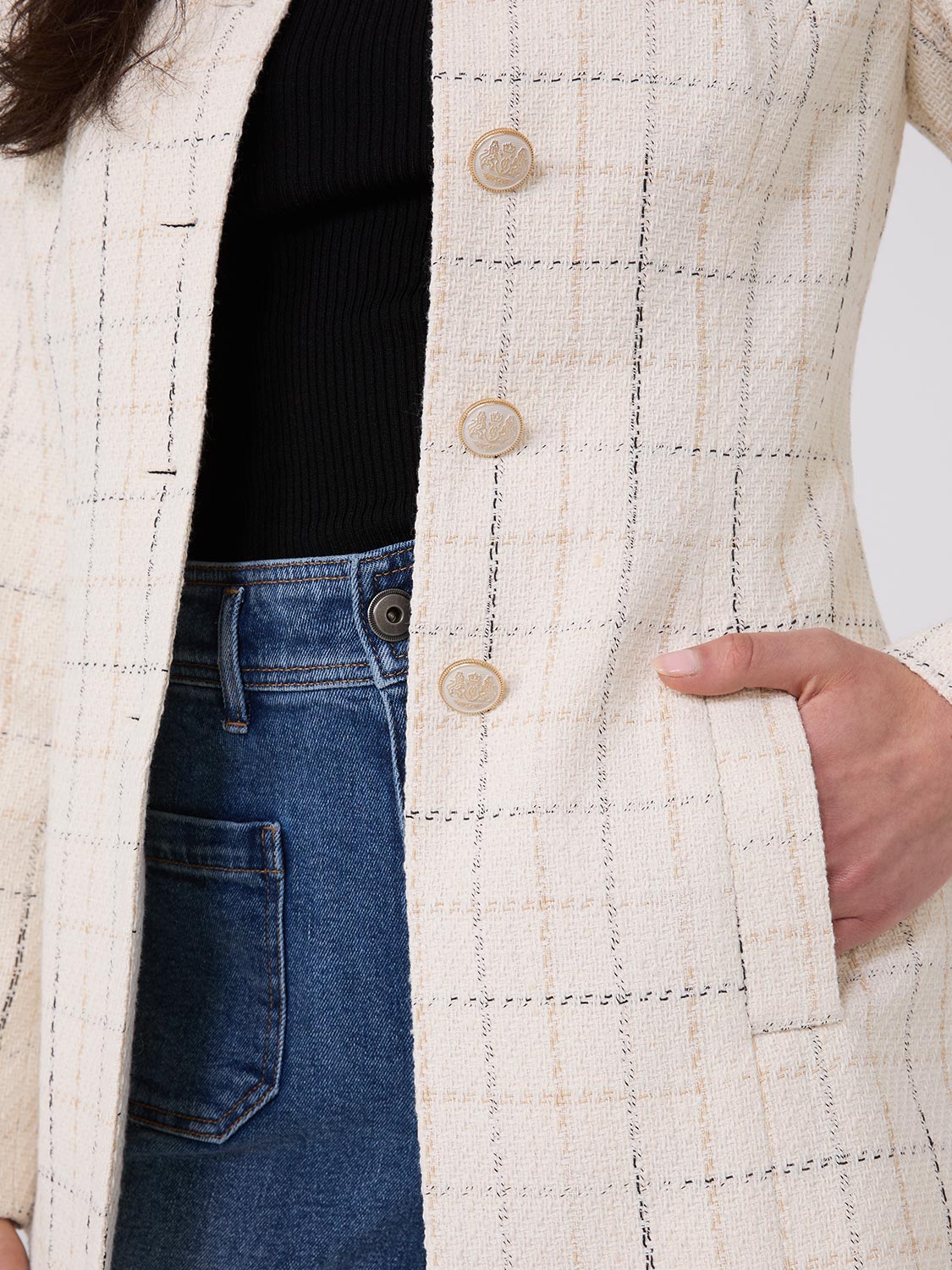 Boucle Button-Front Blazer With Mandarin Collar - Image 4