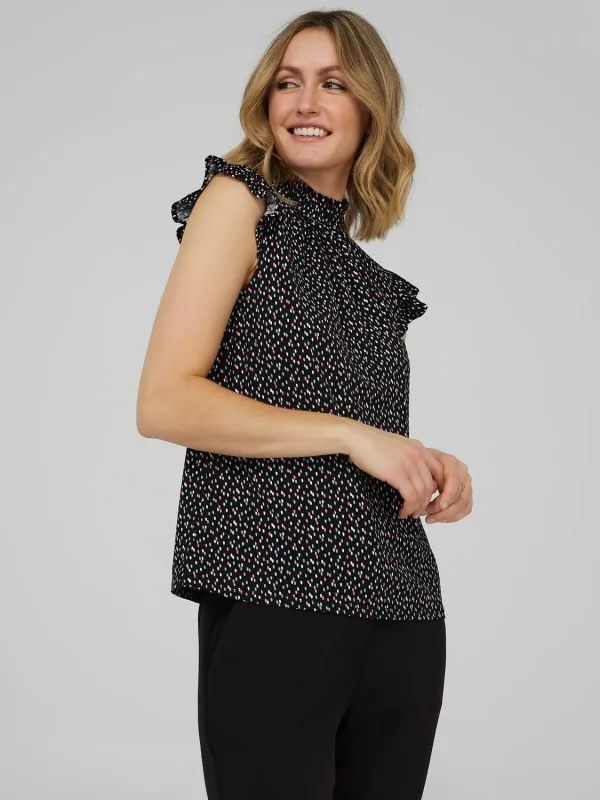 Printed Ruffle Cap Sleeve Mock Neck Top - Image 3