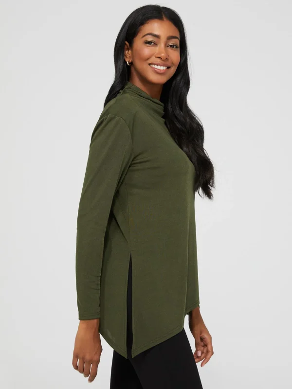 Funnel Neck Slinky Top With Asymmetrical Hem - Image 3