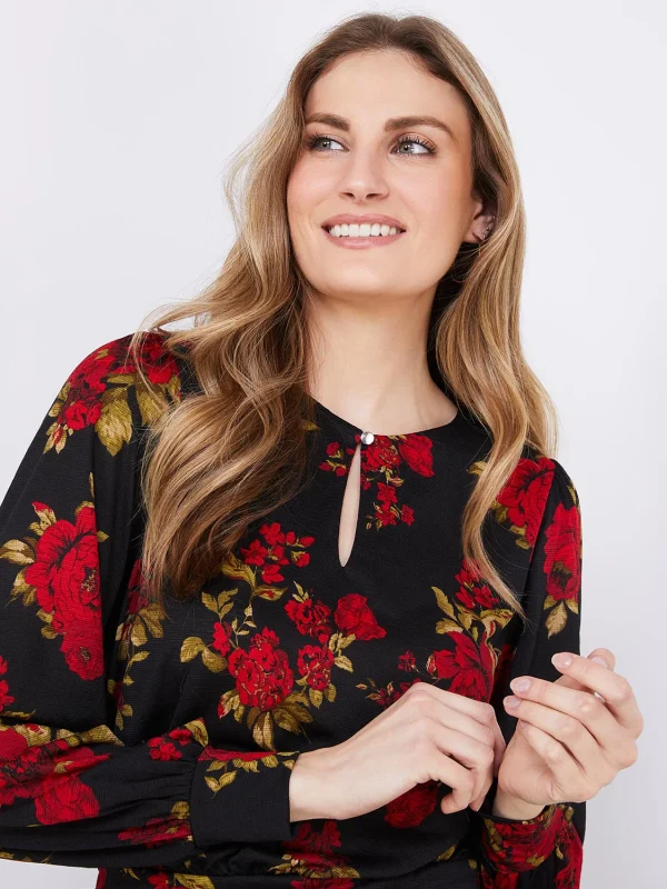 Textured Floral Print Top With Front Keyhole - Image 2