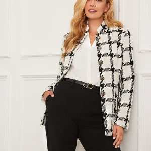 Boucle Button-Front Blazer With Mandarin Collar