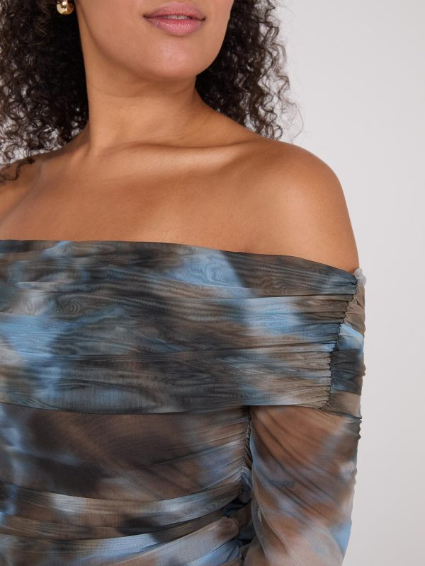 Ruched Off-The-Shoulder Printed Mesh Top - Image 4