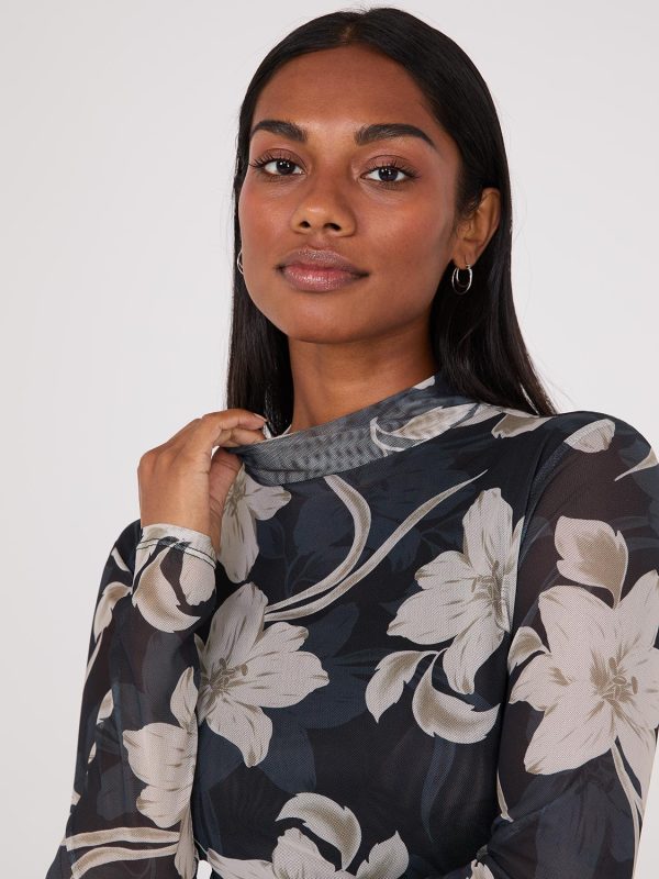 Floral Print Mock Neck Mesh Top - Image 4